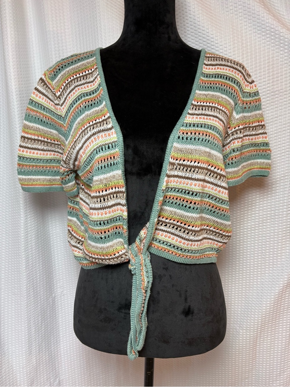 Alfred Dunner VTG Multicolor Short Sleeve Front Tie Cardigan Bolero Boho Size M